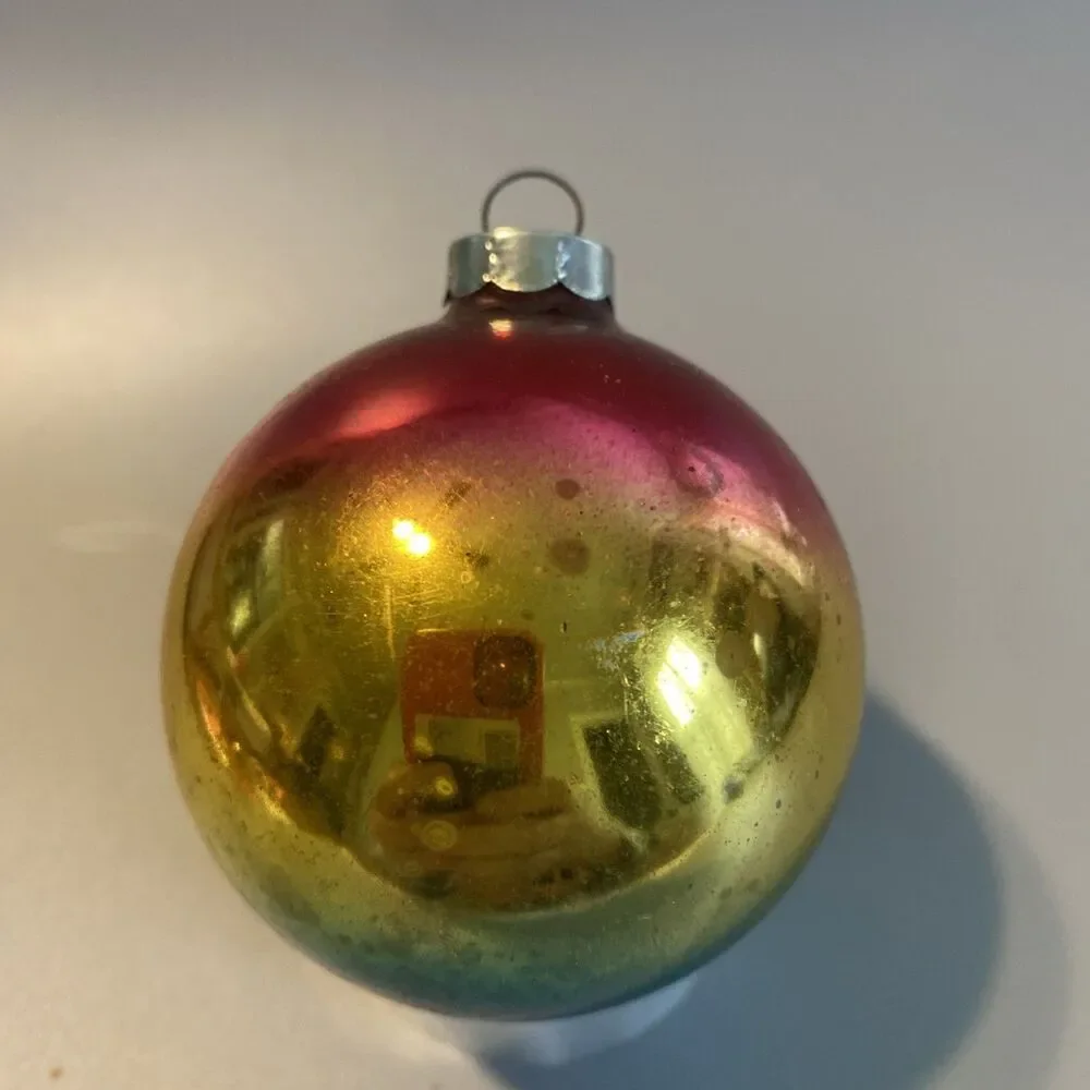 Vintage Christmas Ombre Glass Ornament Hand Made In USA Blue Red Pink Gold Fade